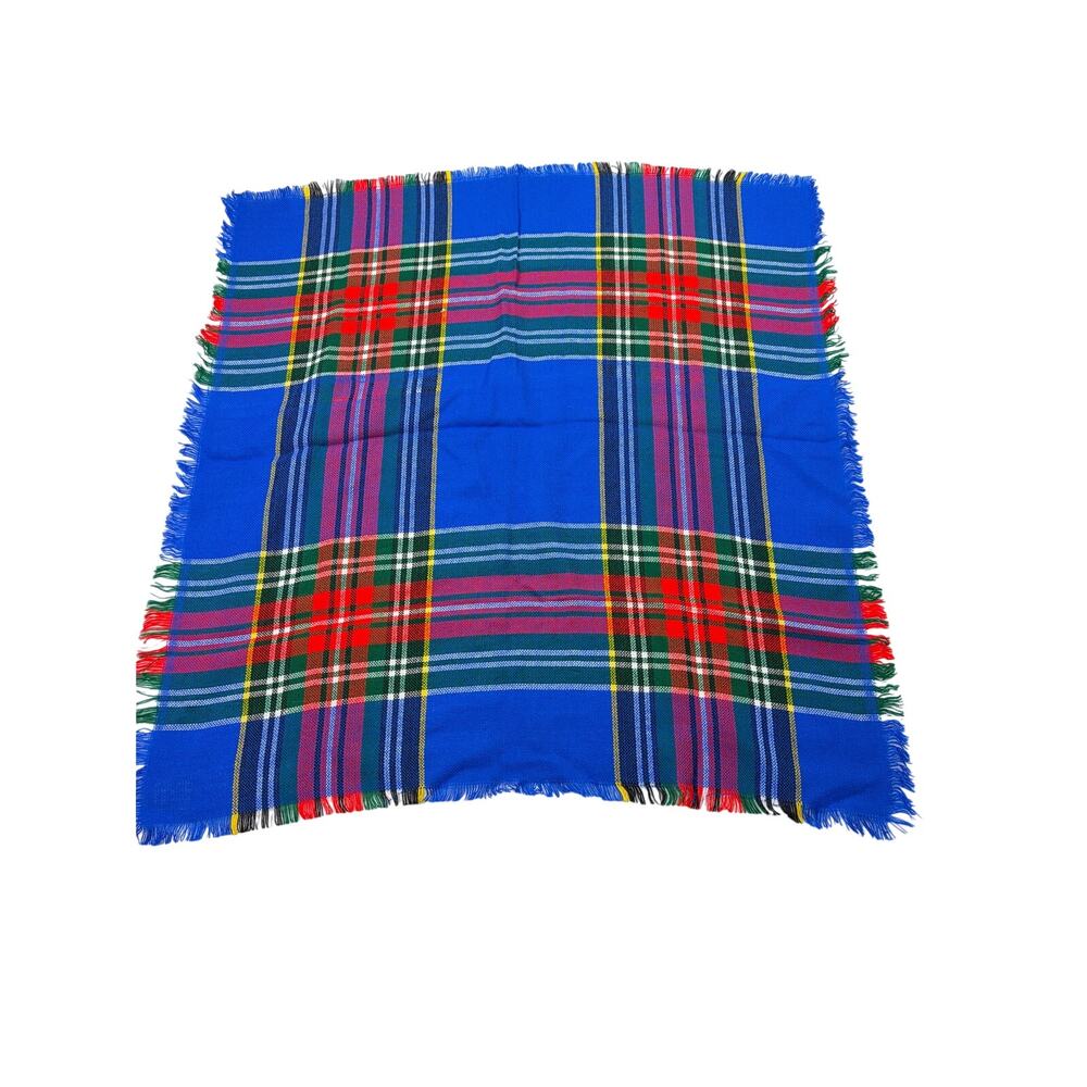 VTG blue green red tartan scarf with fringe, 27.5" square. vintage, academic
